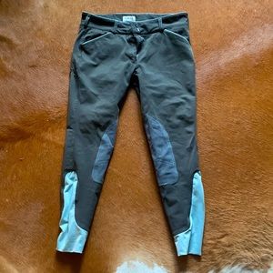 Gray and blue knee patch riding breeches